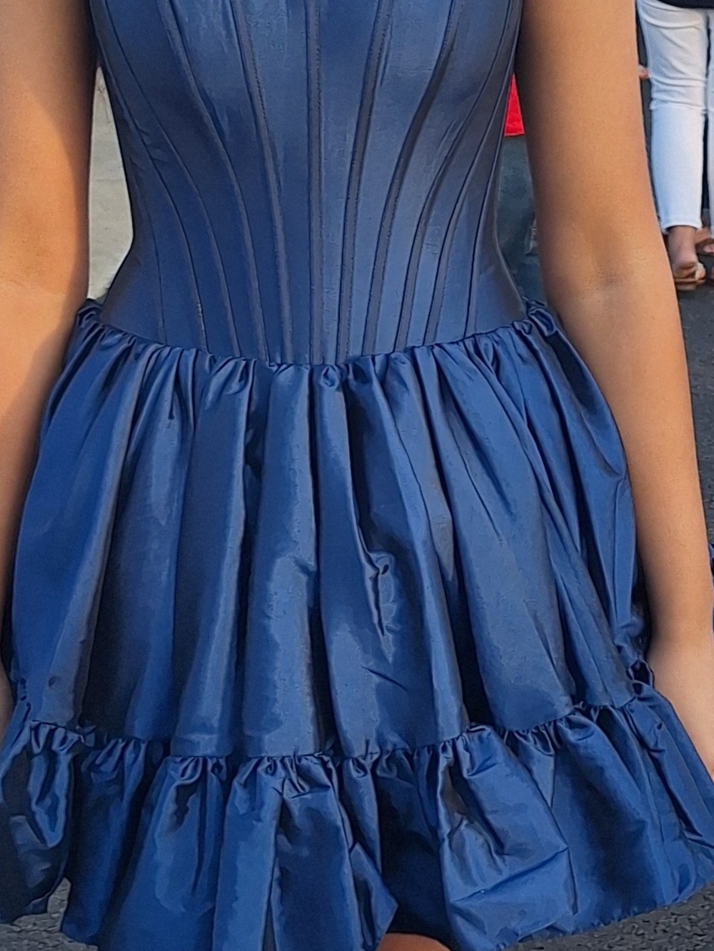 Sherri Hill Navy Blue Strapless Ruffled Mini Dress
